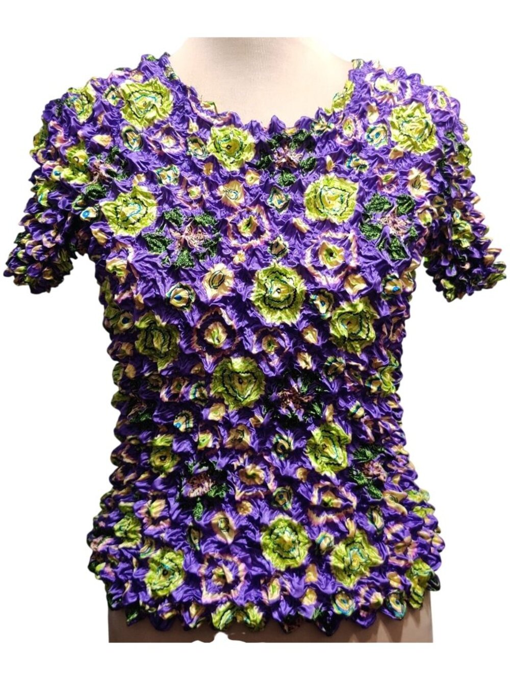 Vintage Y2K Popcorn Floral Top One Size Purple Green Stretch Textured Blouse FC
